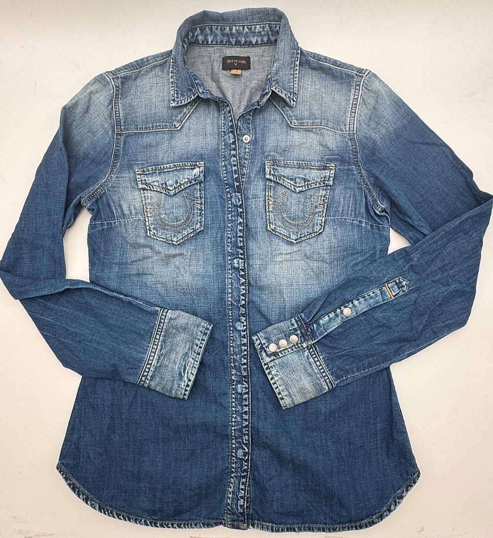 True Religion Georgia Denim Shirt Women's S Blue Jean Western Snap Long Sleeve